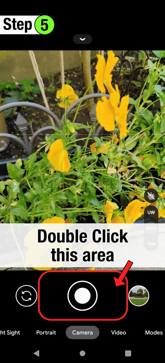 Generic GCam tutorial frame marking the double-tap area around the shutter