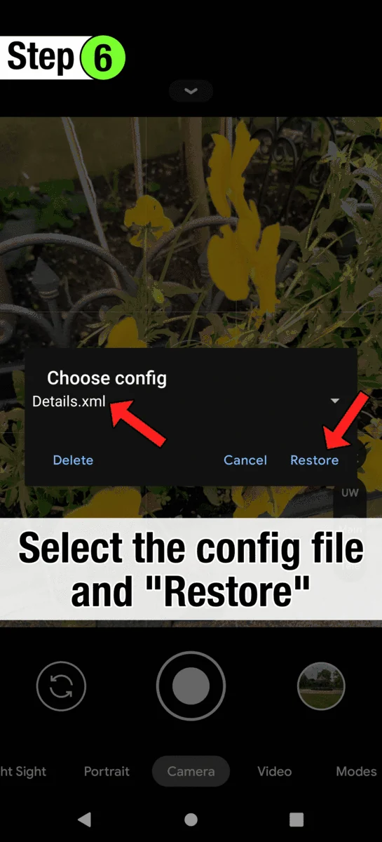 Generic GCam XML chooser showing a filename and Restore control