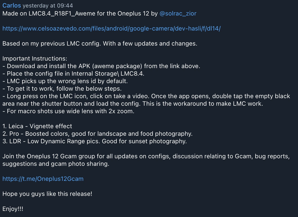 Carlos community instructions for OnePlus 12 using LMC 8.4 R18F1 aweme, with startup and XML-loading steps
