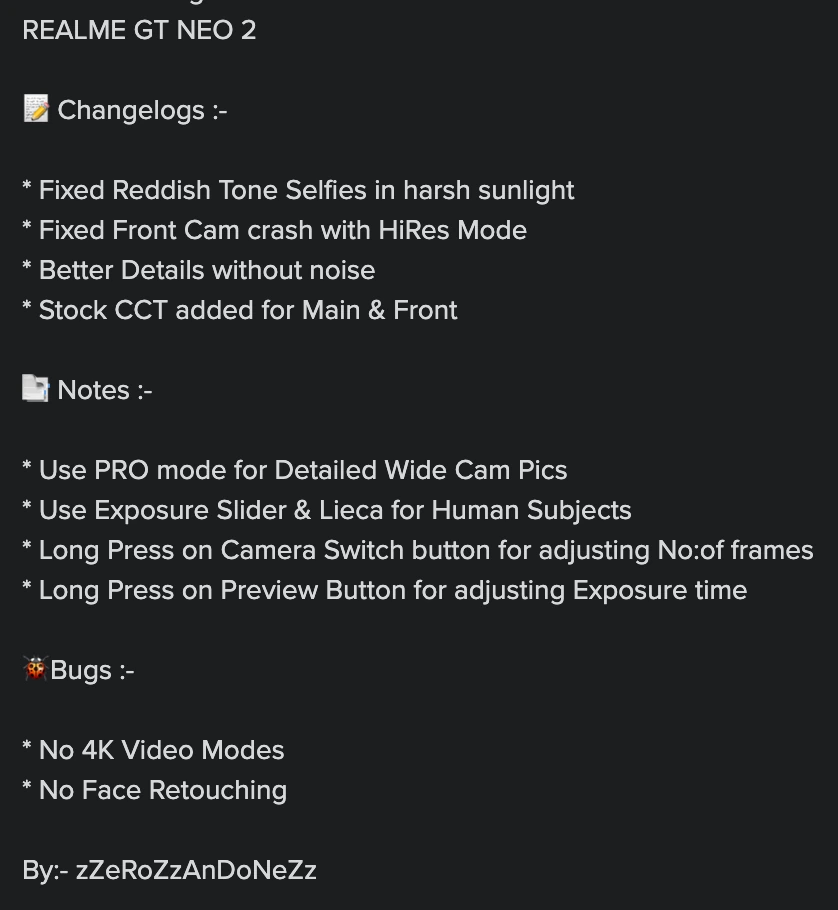 Realme GT Neo 2 contributor profile notes with controls and reported limits of no 4K video and no face retouching